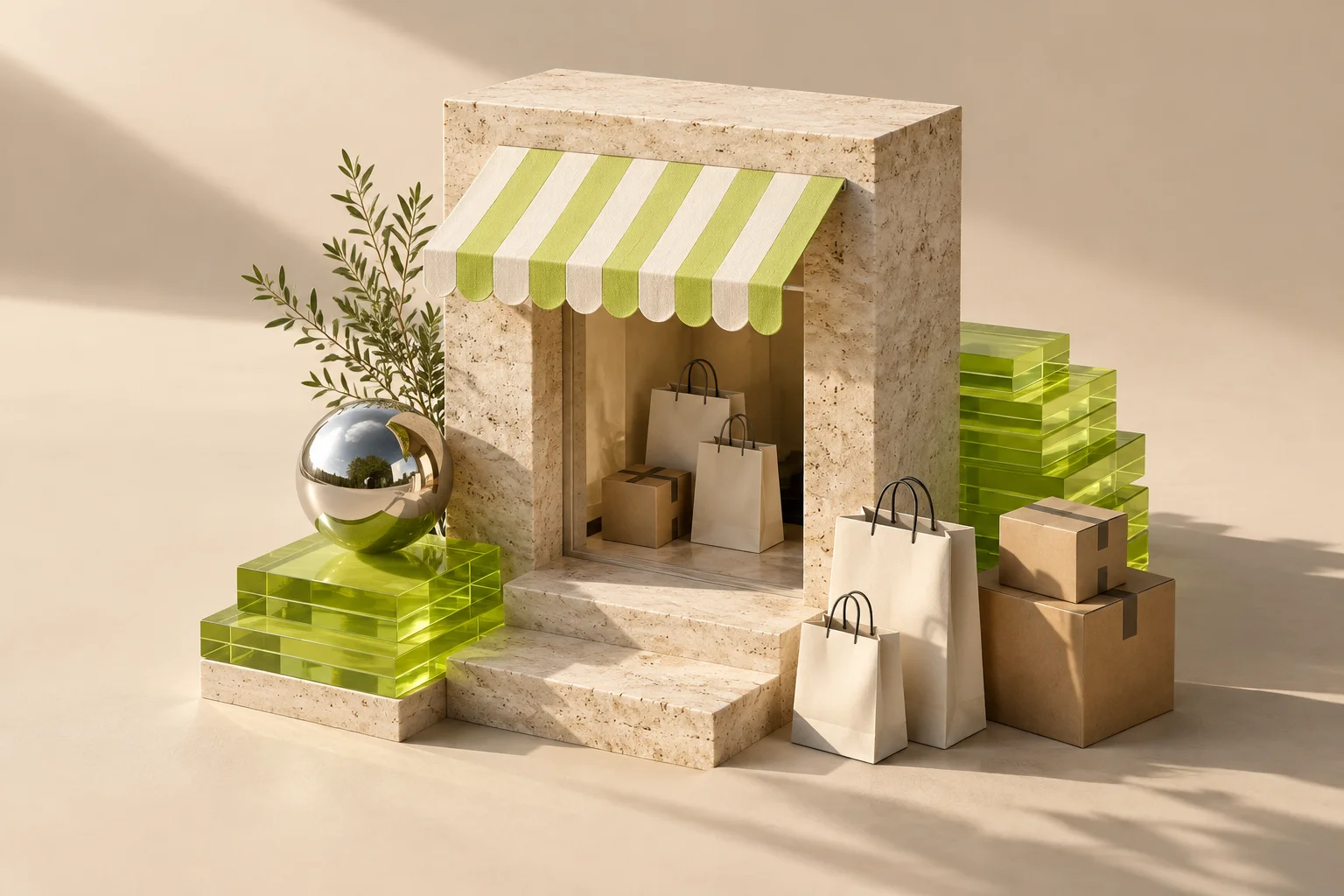 A sculptural stone storefront with a lime awning, shopping bags, and translucent green steps